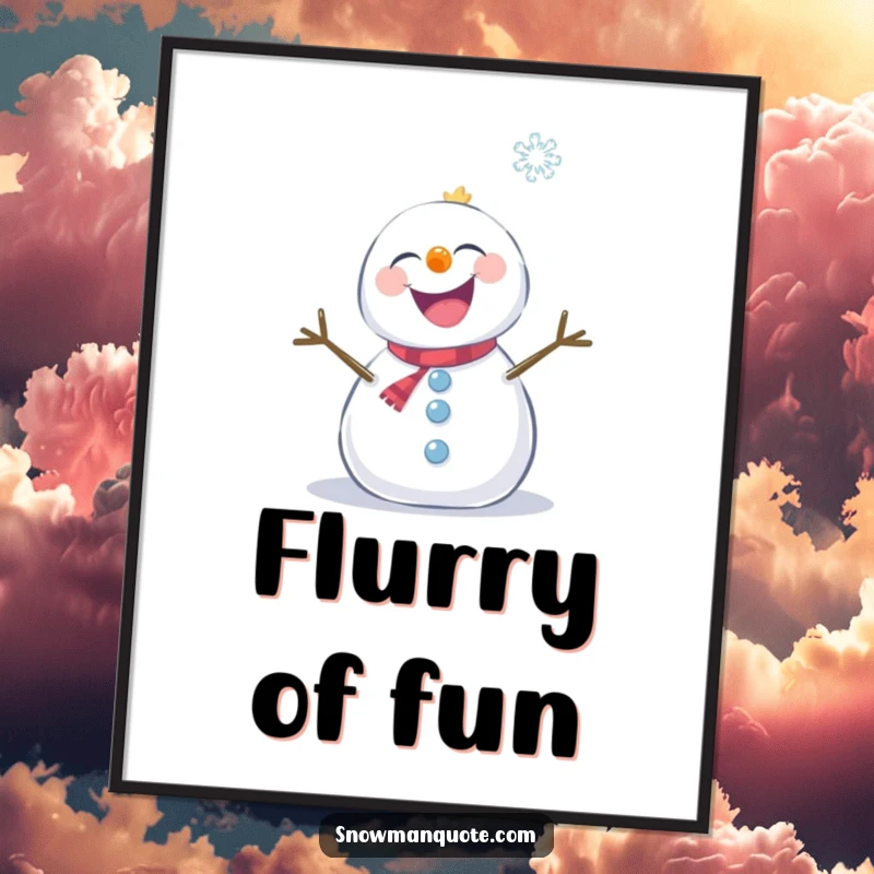 Funny snowman laughing heartily as a snowflake tickles its face, presented as charming wall art.