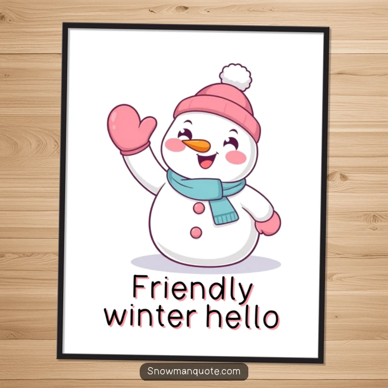 Funny wall art poster of a cheerful snowman waving enthusiastically with its mitten, adding warmth.