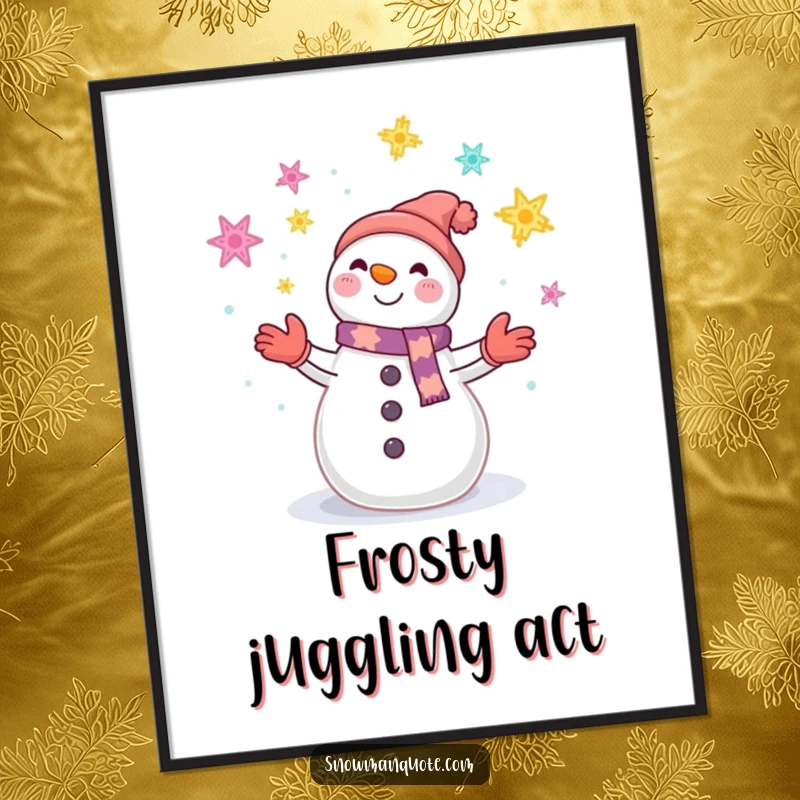 Funny art poster of a smiling snowman juggling colorful snowflakes, bringing joyful winter magic to decor.