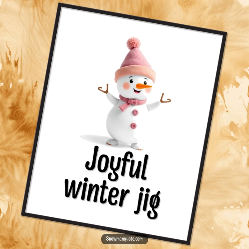 Funny, whimsical poster of a snowman in a funny hat doing a lively dance, perfect for cheerful wall art.