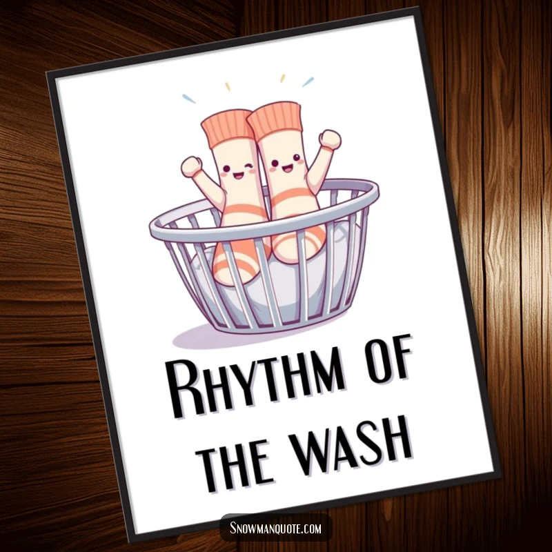 Funny sentient socks enthusiastically dancing in a laundry basket, a whimsical poster celebrating unexpected joy and laundry day fun.