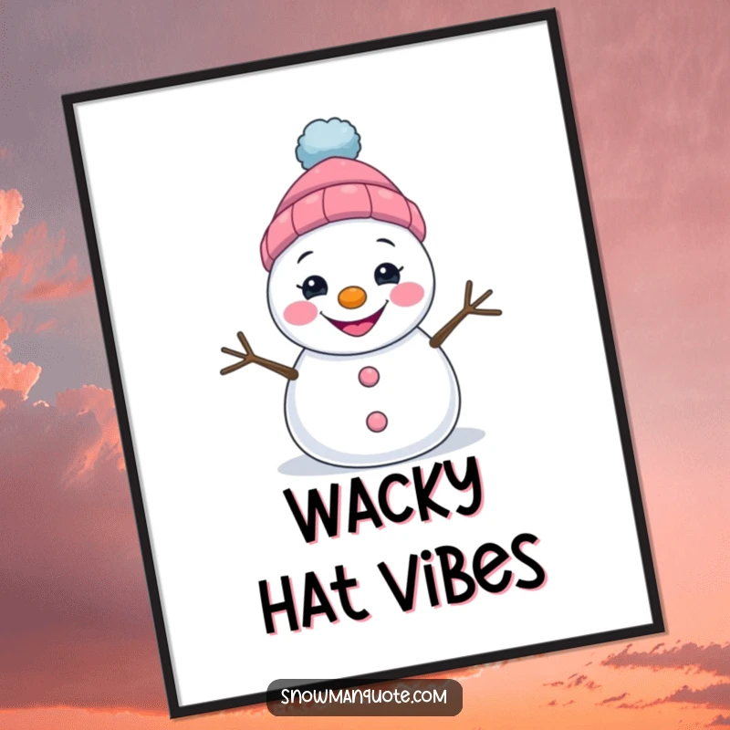 Funny wall art poster of a snowman with a wide grin and a tilted hat, adding quirky charm.