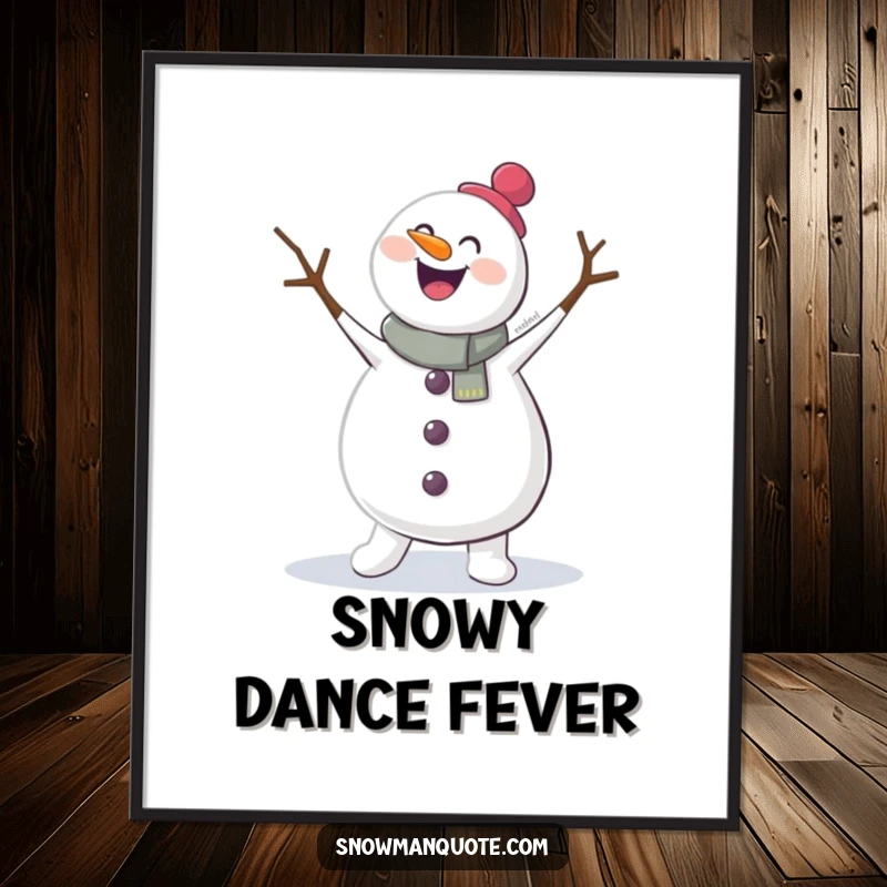 Funny poster print of a joyous snowman doing a jig with arms flailing. Celebrates winter with energetic, humorous movement and bright cheer.