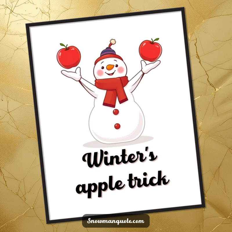 Funny snowman performing an impressive apple juggling act with ease, presented as whimsical wall art.