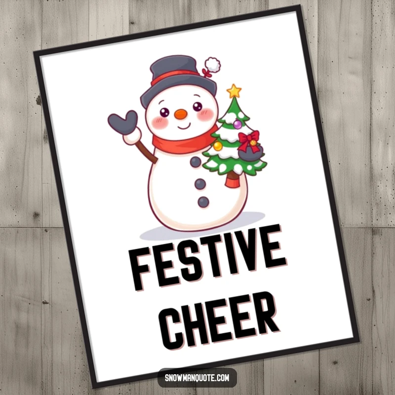 Funny Proud Snowman Tree Poster showing a beaming snowman proudly presenting a small, decorated Christmas tree with festive cheer.