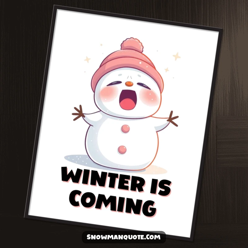 Funny sleepy snowman poster dusted with twinkling stardust, yawning softly, bringing a whimsical and humorous winter atmosphere to any room.