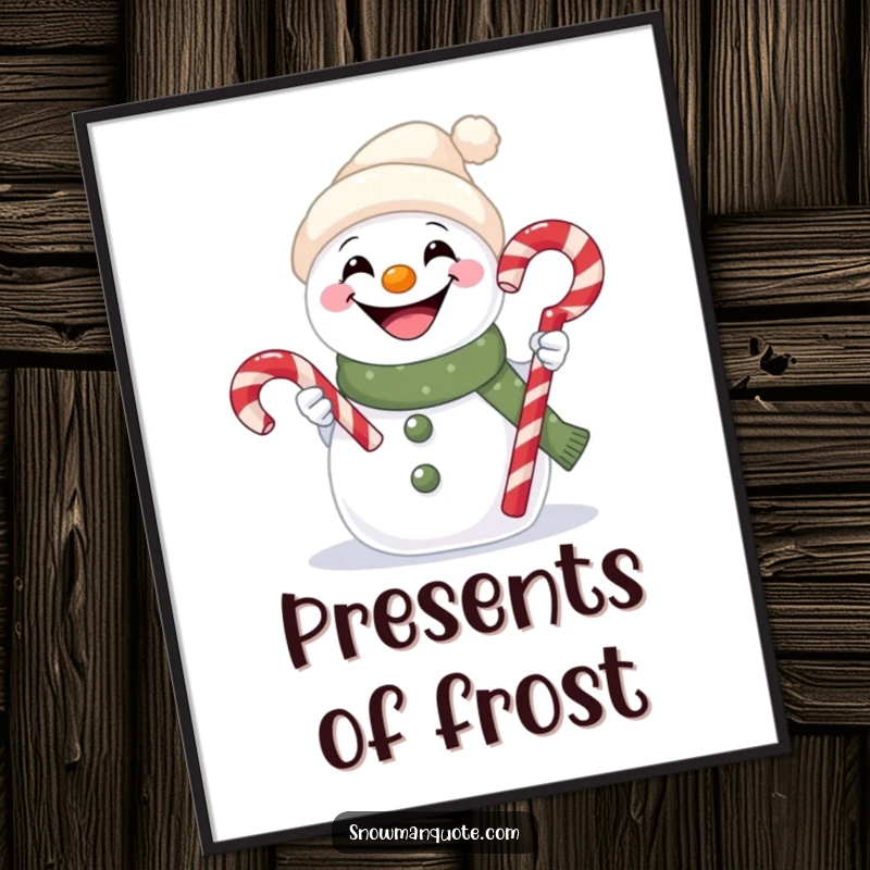 Funny poster print of a snowman with a huge, goofy grin, holding out a freshly striped candy cane.
