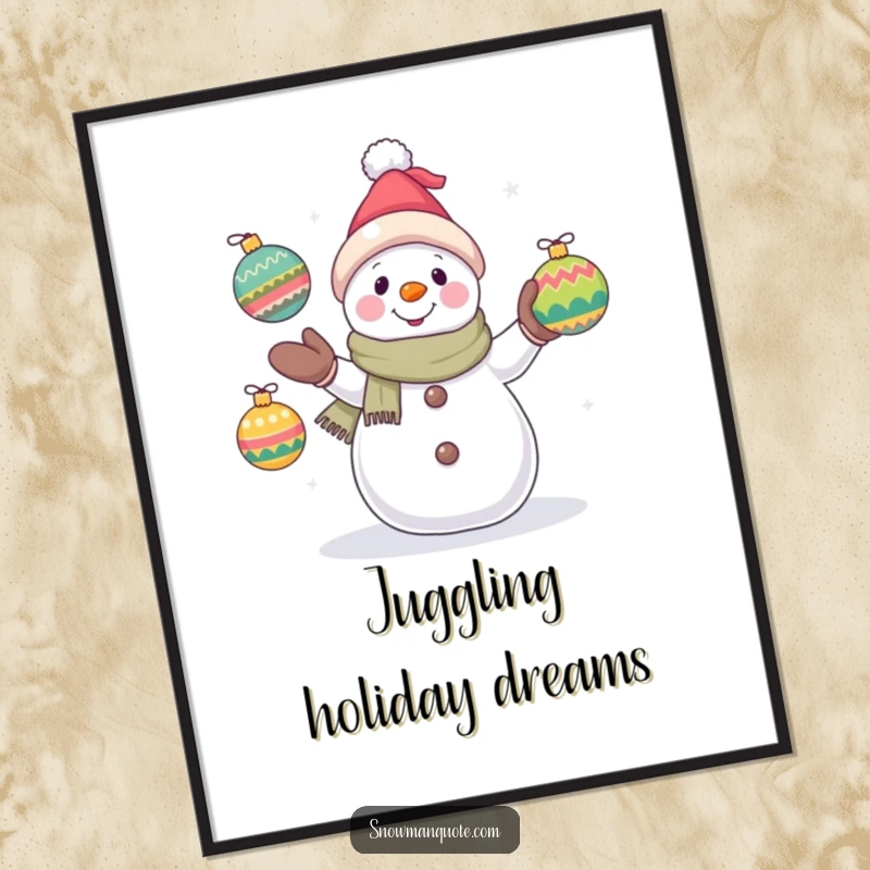 Funny snowman poster with a hopeful snowman juggling ornaments, perfect for festive wall art and bringing winter cheer indoors.