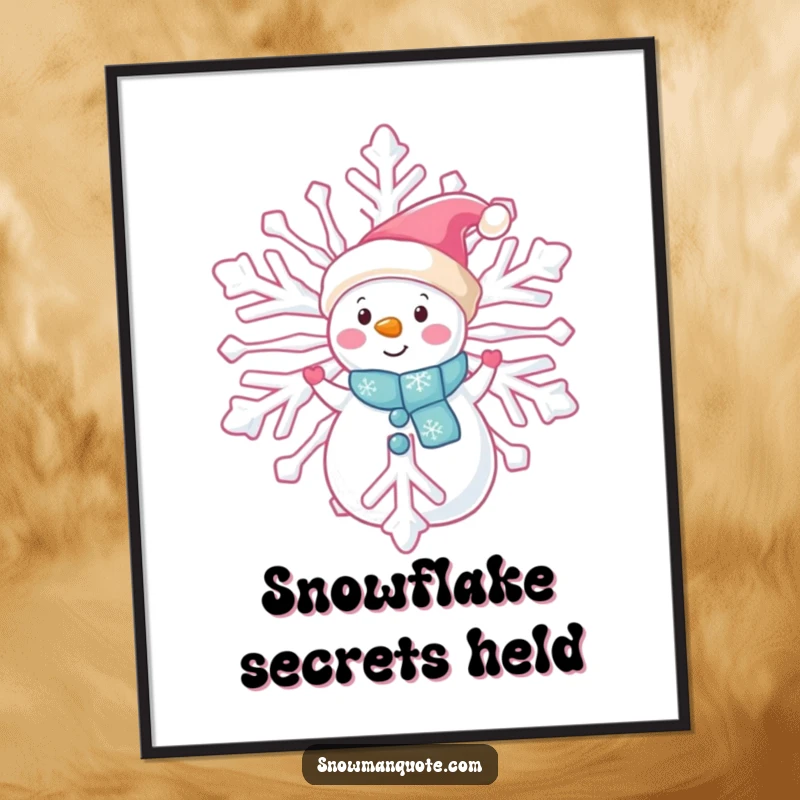 Funny snowman peeking poster, shyly observing from behind a giant snowflake, creating a mysterious winter scene, perfect gift.
