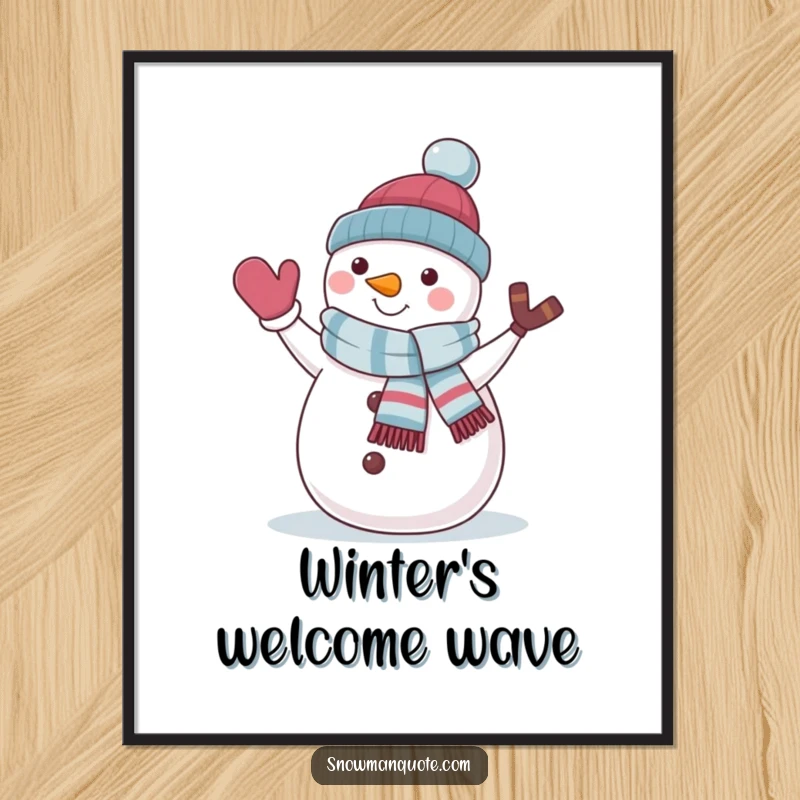 Funny snowman wearing a jaunty scarf, waving with a friendly expression, presented as festive wall art.