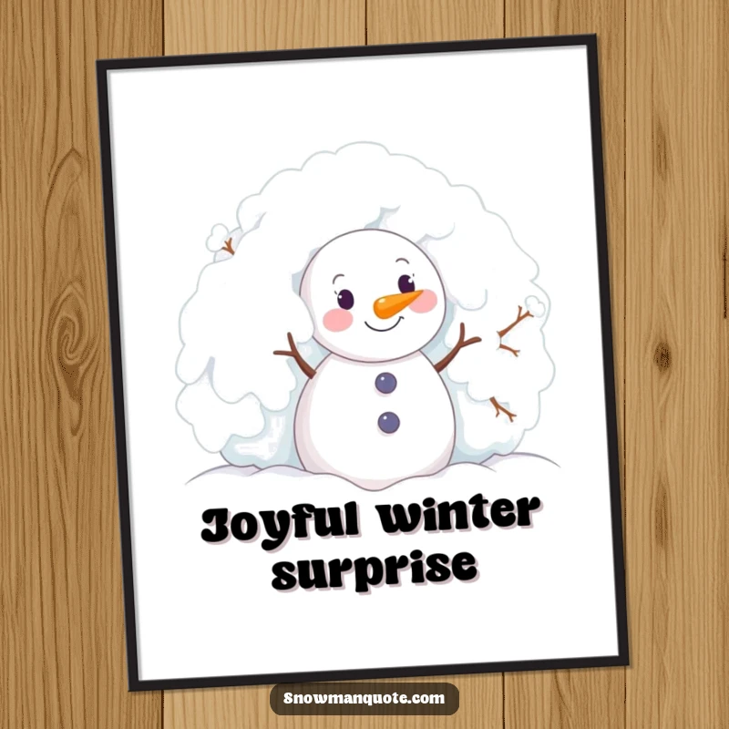 Funny snowman with a look of sheer delight, peeking from behind a snowy bush, presented as wall art.