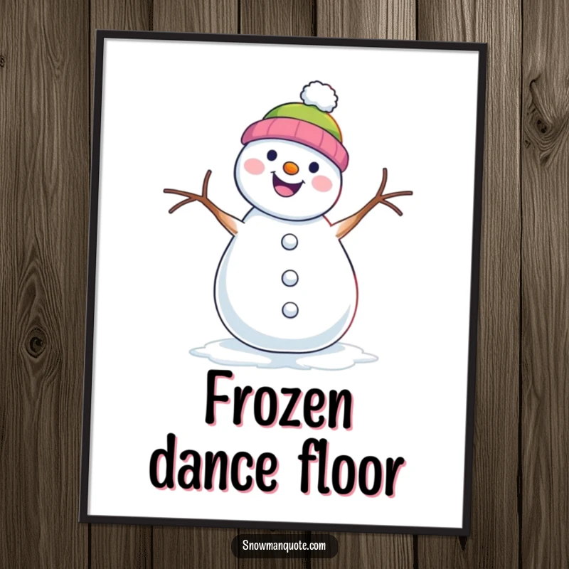 Funny poster print of a snowman performing an energetic shimmy dance with its twig arms, full of life.