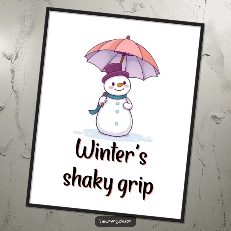 Funny poster print of a snowman comically struggling to hold a massive umbrella against a strong, gusty wind.