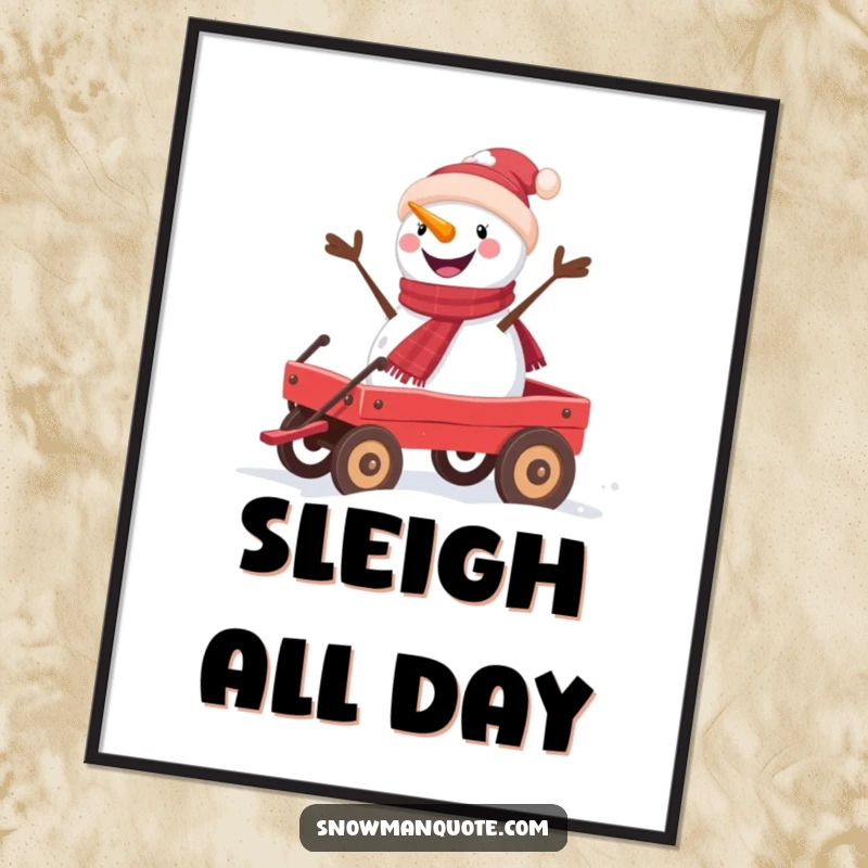 Funny snowman poster showing a joyful snowman on a red wagon, perfect wall art for winter decoration.