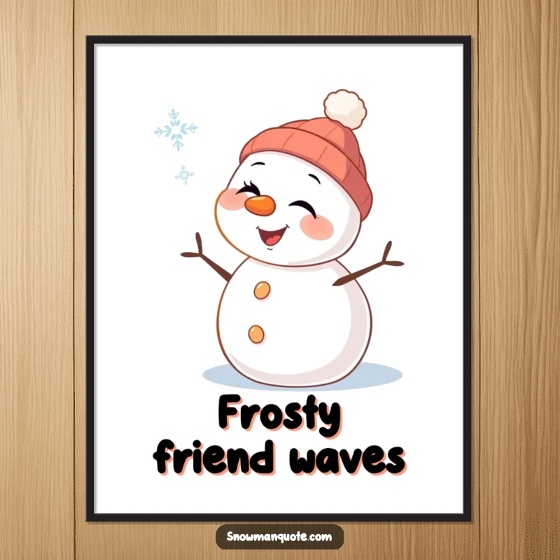 Funny Snowman Poster: A cheerful snowman with carrot nose winks playfully at a single falling snowflake, capturing the magic of winter.