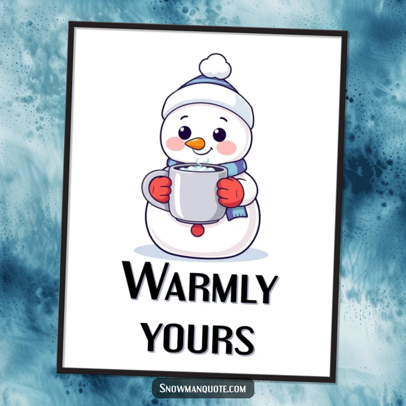 Funny poster art of a smiling snowman holding a steaming mug, offering a warm beverage and a friendly welcome.