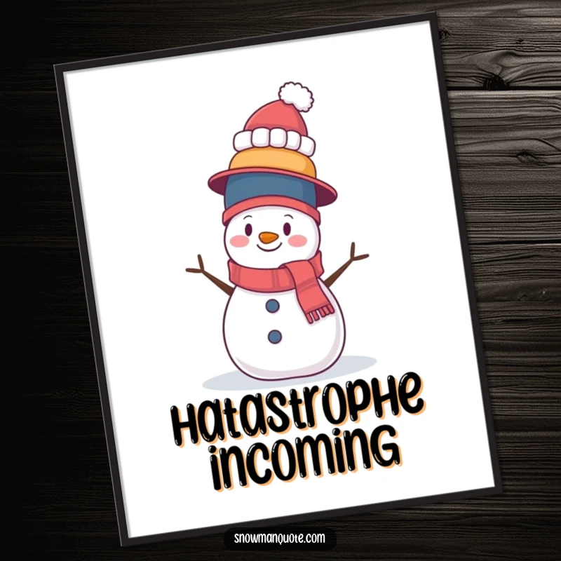 Funny poster print of a snowman wobbling while balancing a sky-high stack of hats. Artfully captures the humor of precarious situations.