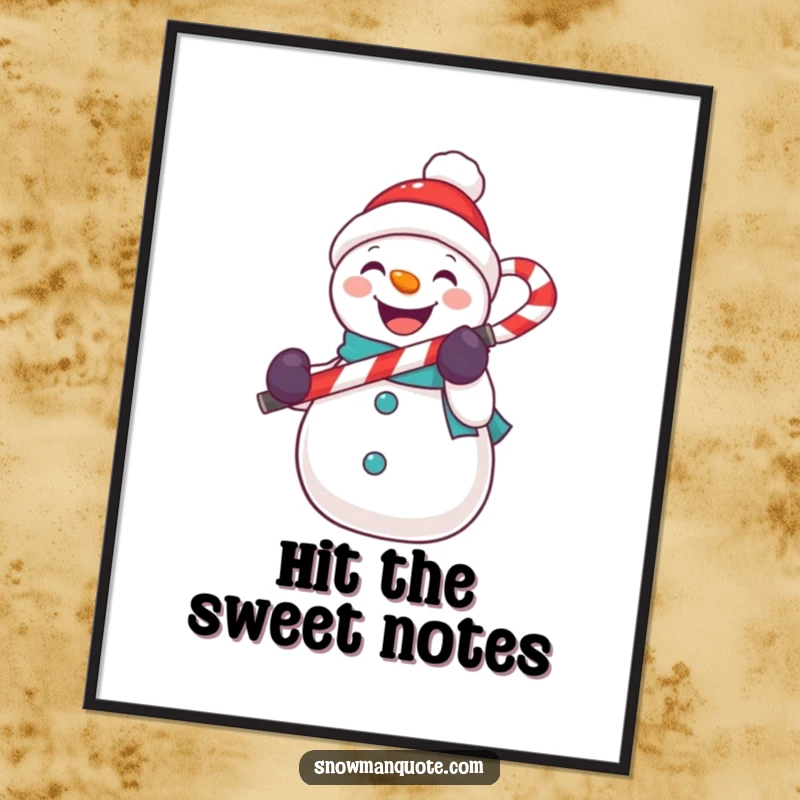 Funny snowman poster of a snowman holding a candy cane like a microphone, ready for a holiday performance.