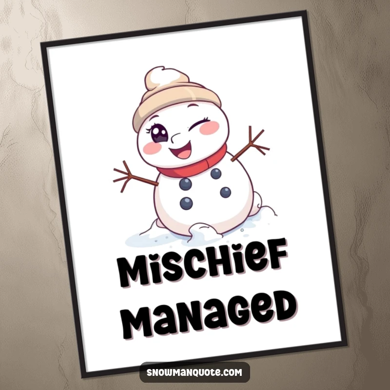 Funny Poster: A winking snowman captured mid-roll downhill, exuding mischief and winter fun. A dynamic and humorous wall art piece.