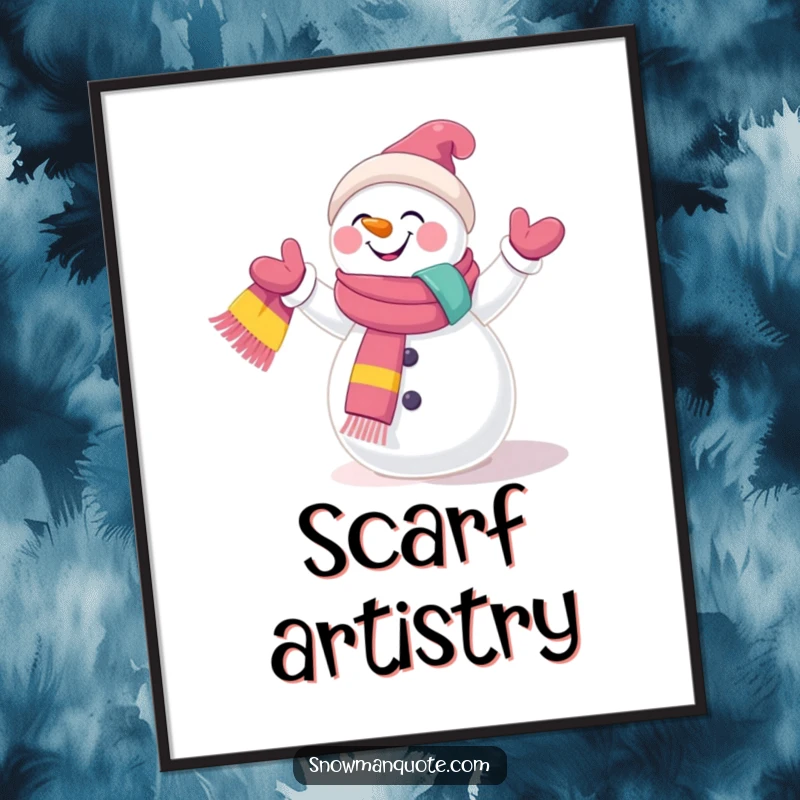 Funny Poster: A giggling snowman skillfully juggling three colorful scarves, exuding joy and winter merriment. A vibrant wall art piece.