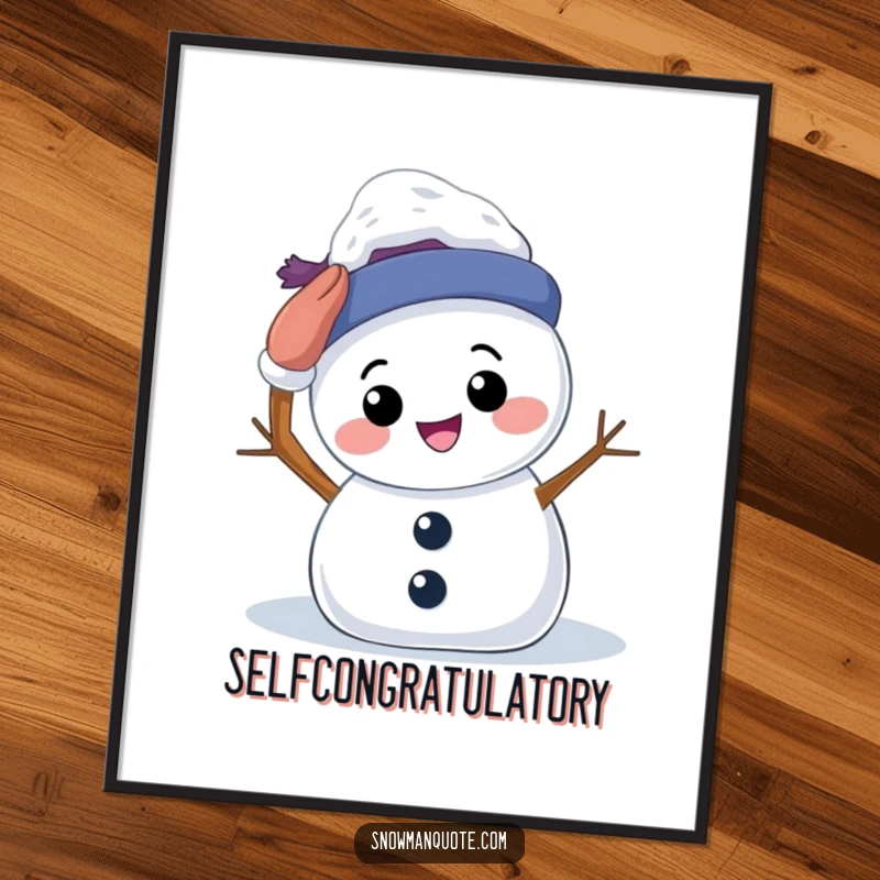 Funny Poster: A smiling snowman in the act of patting its own snowy head, conveying self-acceptance and winter cheer. A heartwarming piece.