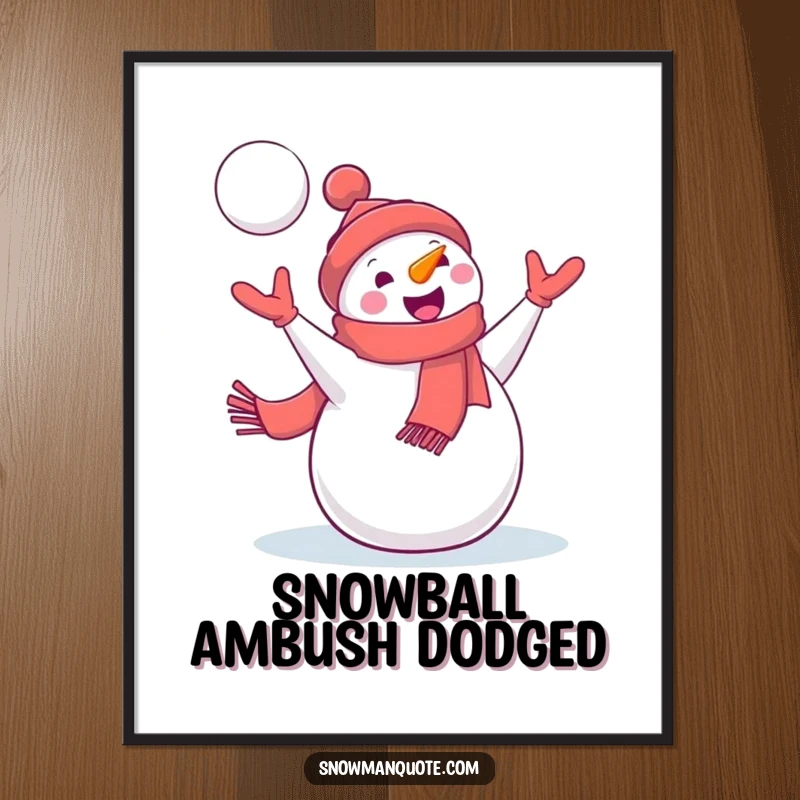 Funny Snowman Poster: A delighted snowman with a jaunty scarf catches a flying snowball, illustrating the fun and action of winter.