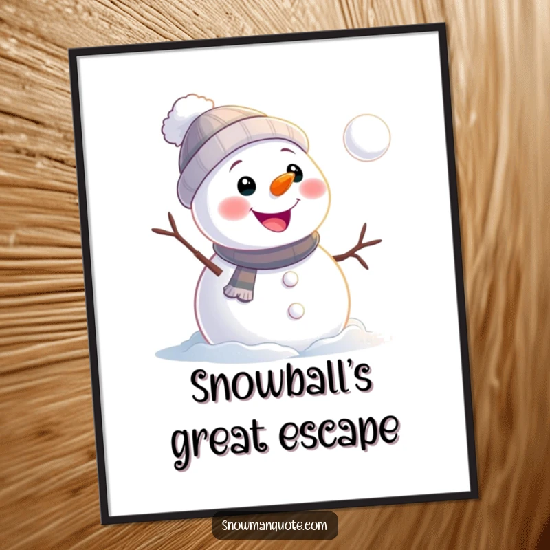 Funny snowman poster of a cheerful snowman watching a snowball roll away, providing humorous wall art for winter enthusiasts.