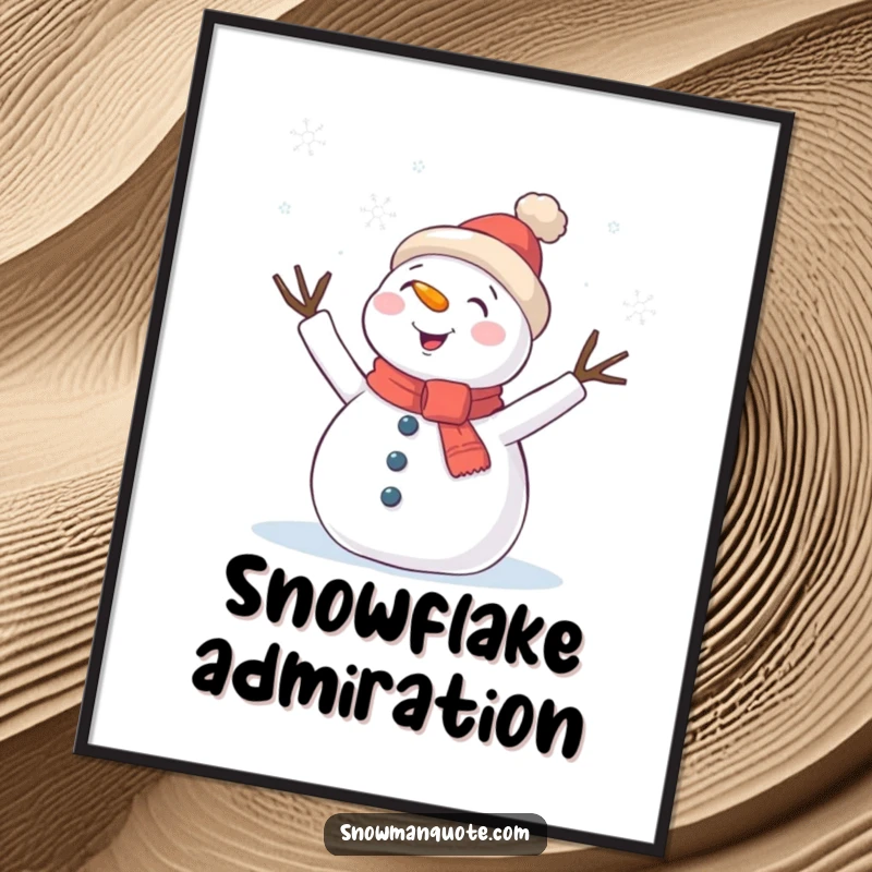 Funny Poster: A cheerful snowman with twig arms waving excitedly at a gentle shower of snowflakes, capturing winter's quiet beauty.