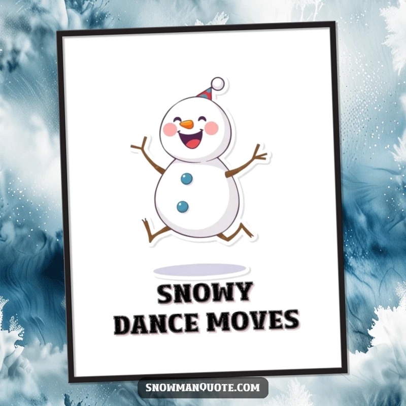 Funny Poster: A cheerful snowman captured mid-kick, exuding pure joy and winter energy. A delightful wall art piece.
