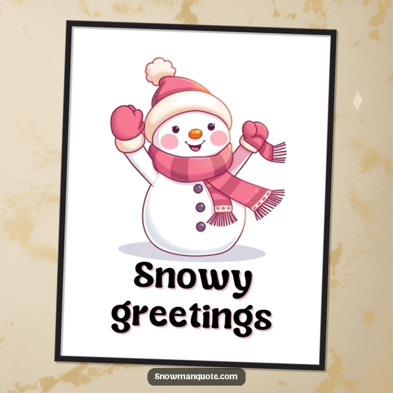 Funny snowman banner poster showing a cheerful winter character waving a banner from its scarf, perfect for festive and humorous wall art.