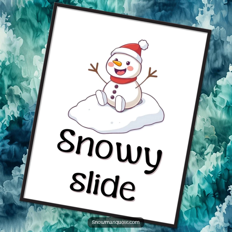 Funny Playful Snowman Hill Poster showing a delighted snowman having a joyful ride down a snowy hill with a whoop.