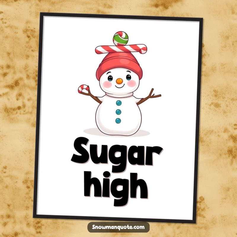 Funny poster art of a snowman demonstrating impressive balance by holding three colorful candy canes atop its head during winter.