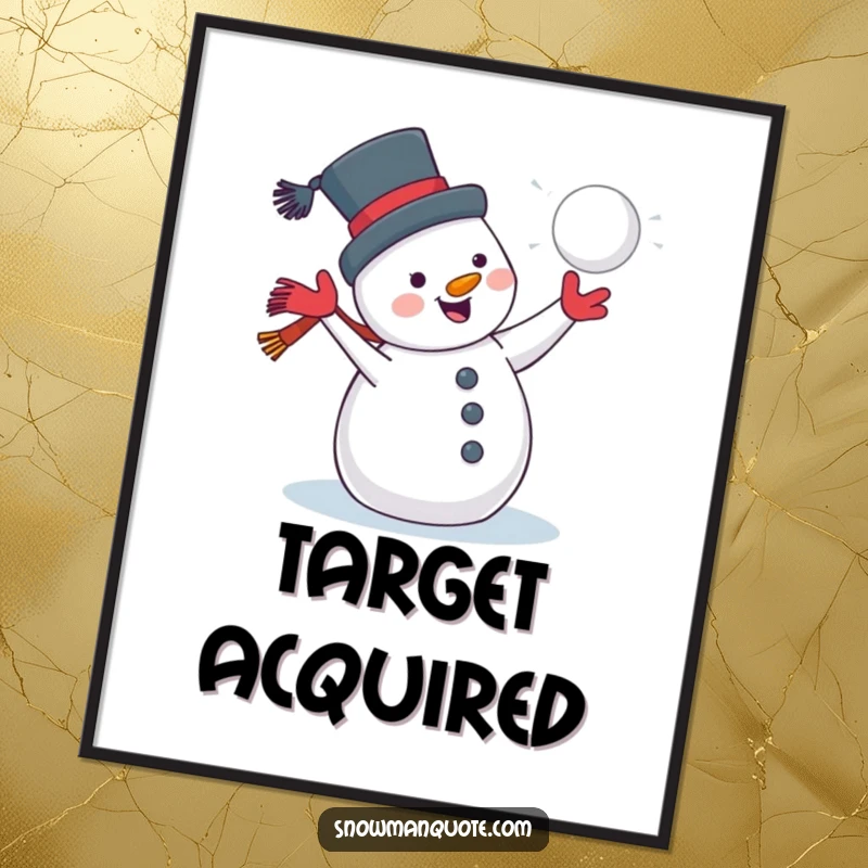 Funny, cheerful poster of a jolly snowman with a grin, throwing a snowball, perfect for winter-themed wall art.