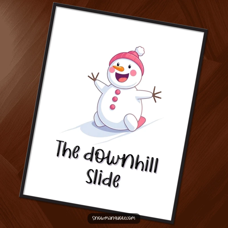 Funny cheerful snowman rolling energetically down a snowy hill, a vibrant and humorous wall art.