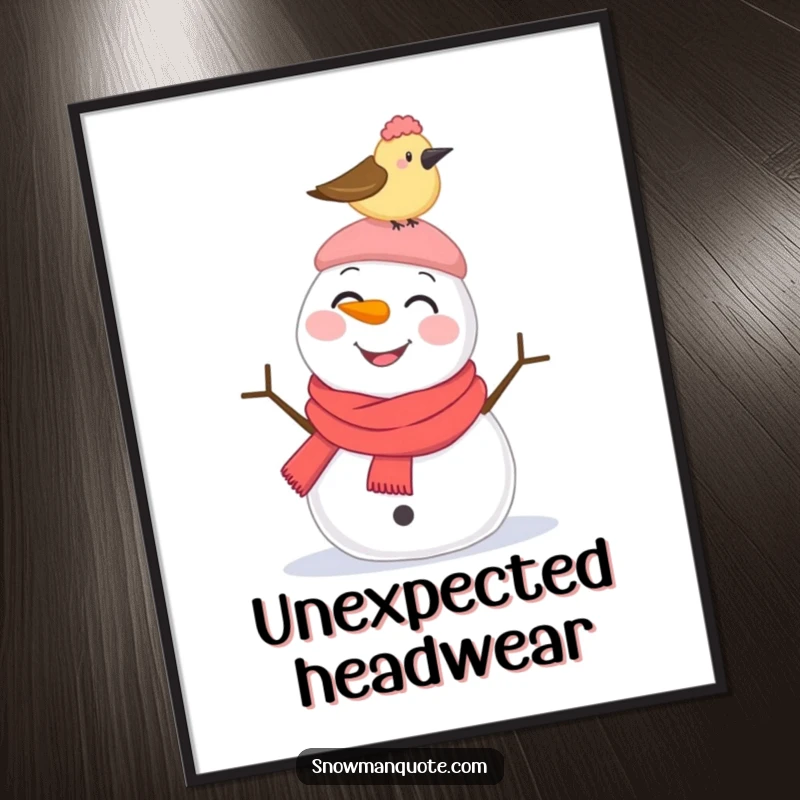 Funny Poster: A smiling snowman looks slightly startled as a bird pecks its hat, capturing a humorous winter interaction.