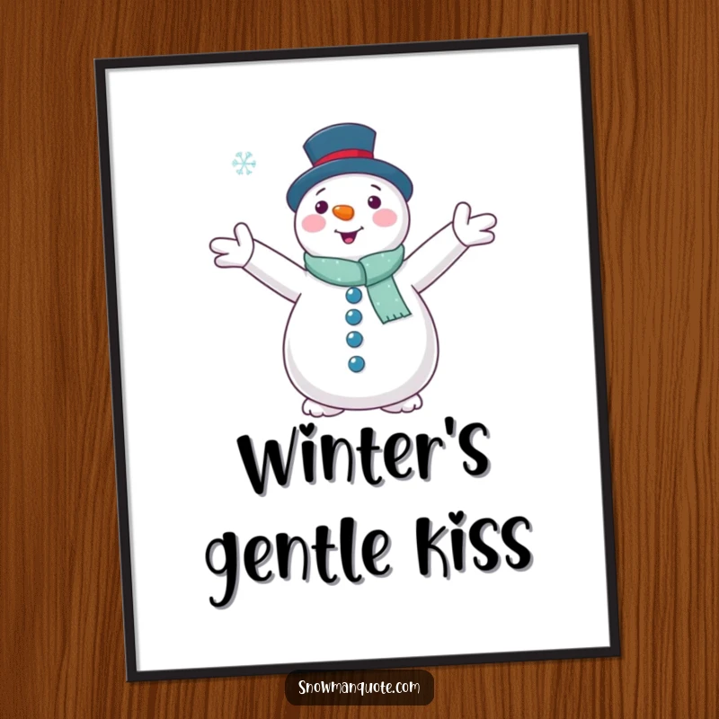 Funny, serene poster of a snowman with open arms embracing a falling snowflake, perfect for calming wall art.