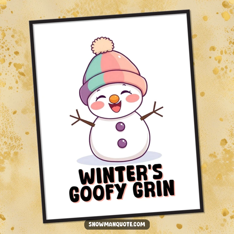 Funny snowman poster capturing a snowman in mid-laugh, wearing a jaunty, off-kilter hat, radiating pure happiness.
