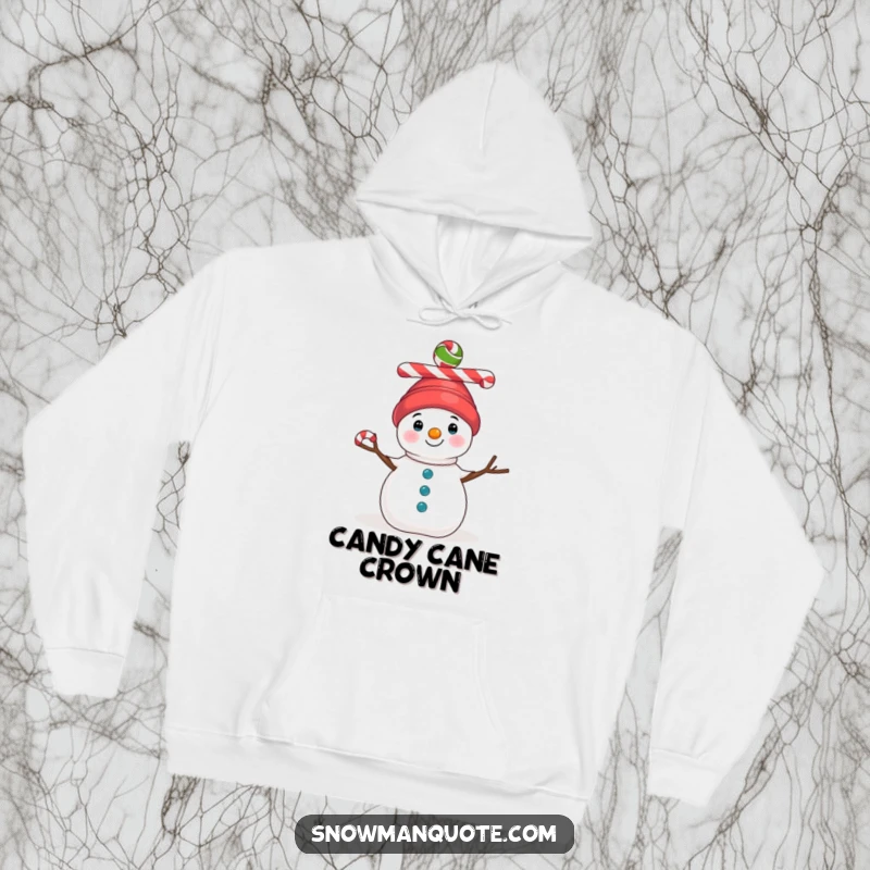 Funny hoodie showcasing a charming snowman balancing colorful candy canes on its head, providing warmth and holiday cheer.