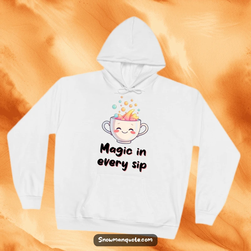 Funny hoodie depicting a smiling teacup overflowing with a vibrant, bubbly rainbow liquid, offering warmth and humor.