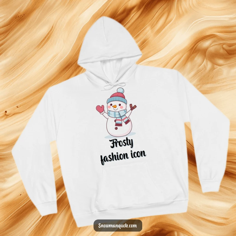 Funny snowman wearing a jaunty scarf and waving, depicted on a cozy hoodie for ultimate winter comfort.