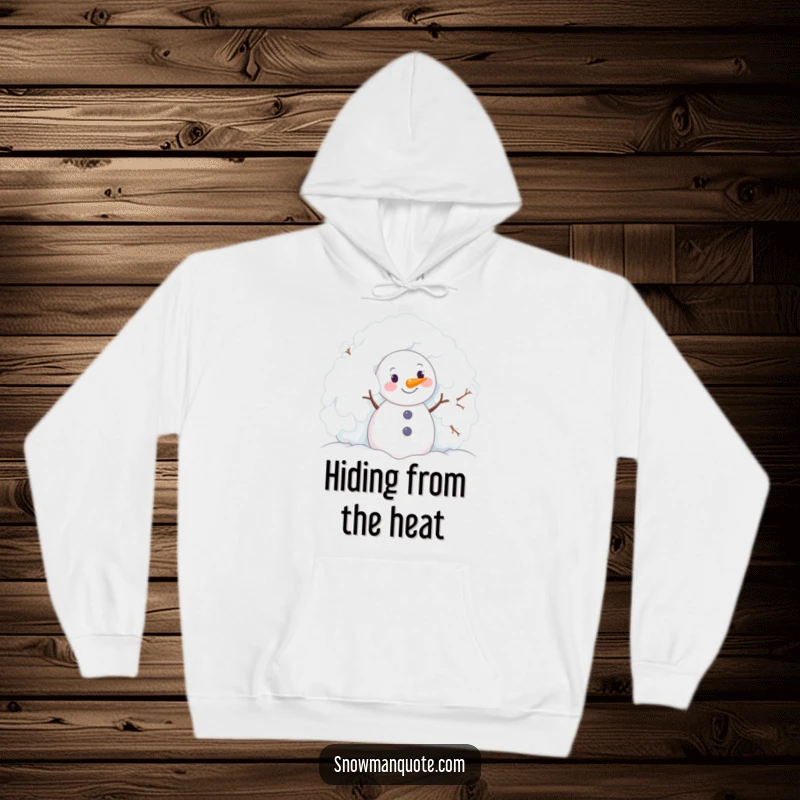 Funny snowman joyfully peeking from behind a snow-covered bush, featured on a warm and cozy hoodie.