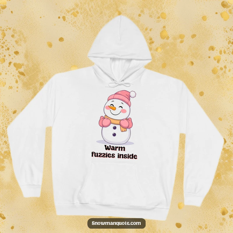 Funny smiling snowman offering a big, warm hug with his gloved arms, printed on a snuggly and humorous hoodie.
