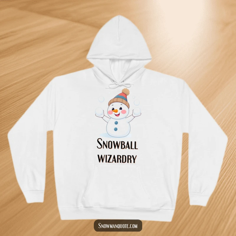 Funny snowman hoodie, smiling and juggling snowballs, a cozy and hilarious winter apparel choice, perfect gift.