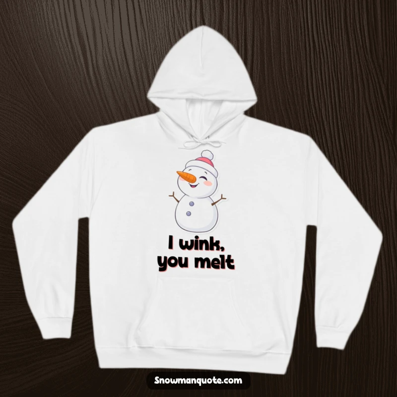 Funny hoodie apparel showcasing a friendly snowman winking, with a bright carrot nose and cozy winter-themed design for ultimate comfort.