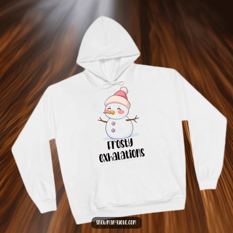 Funny hoodie depicting a snowman with rosy cheeks, creating a visible cloud of frosty air, perfect for winter warmth.