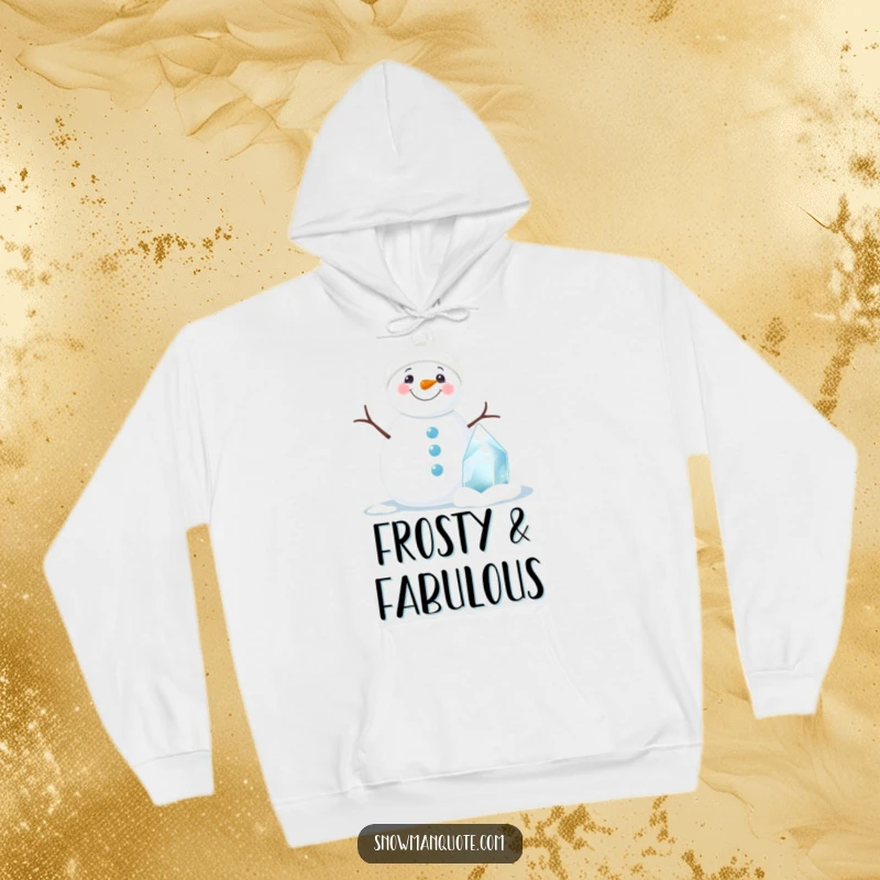 Funny snowman hoodie showing a smiling snowman standing proudly with a tiny ice sculpture, ideal for cold weather fun.