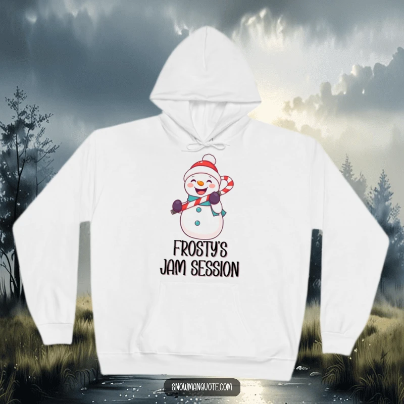 Funny snowman hoodie featuring a snowman singing with a candy cane microphone, offering warmth and cheer.