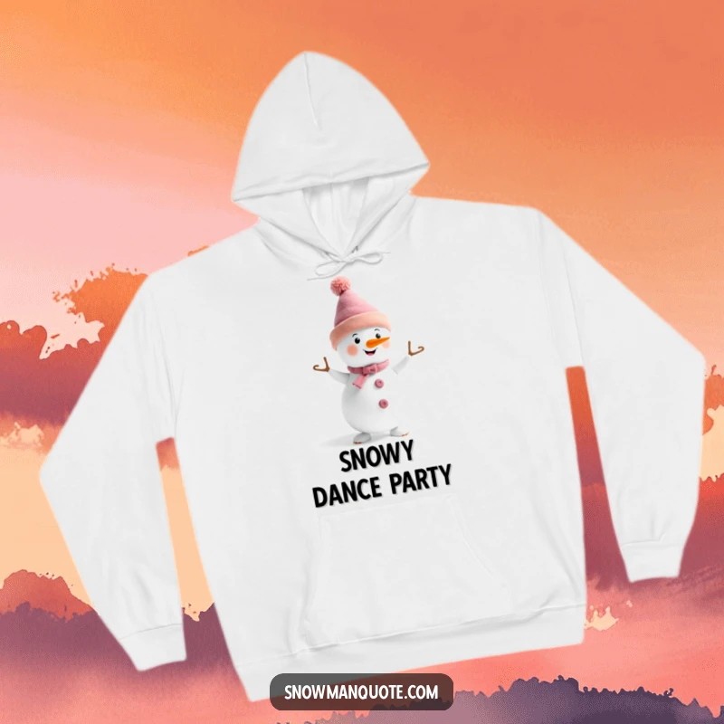 Funny, cozy hoodie featuring a snowman in a funny hat doing a delightful dance, perfect for winter warmth and cheer.