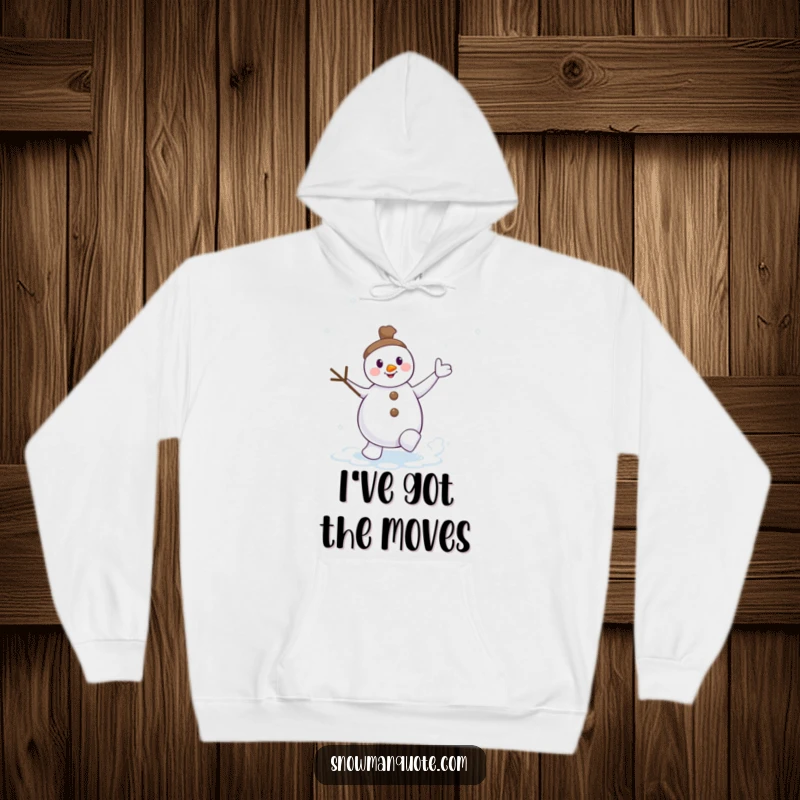 Funny dancing snowman hoodie, twig arms waving, kicking up a snow swirl, perfect for staying warm and spirited outdoors.