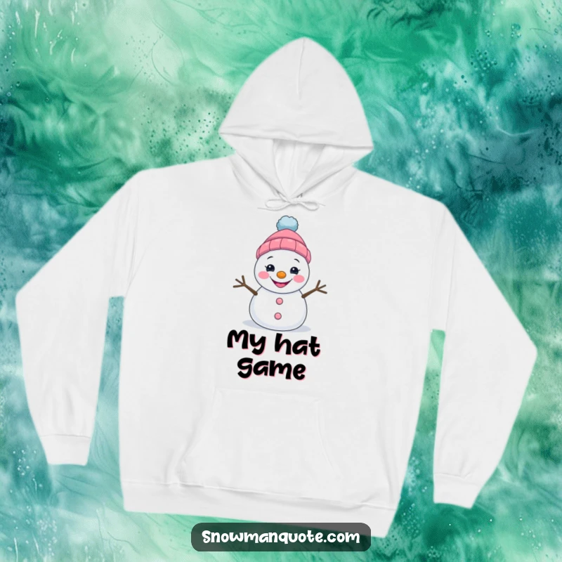 Funny hooded sweatshirt featuring a grinning snowman topped with a playfully lopsided hat, perfect for cozy smiles.